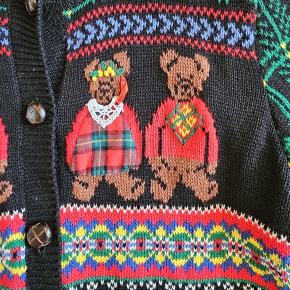 Vintage 1992 Susan Bristol Hand Knit Bear Pattern Colorful Cardigan Sweater Sz S - Picture 9 of 15